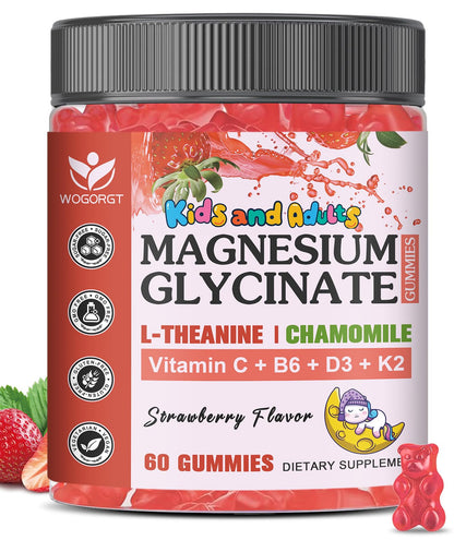 Magnesium Glycinate Gummies for Kids & Adults - Relaxation & Cognition Support - 400/200mg Magnesium Supplement with L-Theanine, Chamomile, B6, D3 & K2 - Vegan, Sugar Free, Strawberry Flavor, 60 Ct WOGORGTBuy Supplements Australia