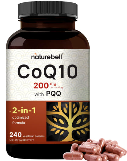 NatureBell CoQ10 200mg with PQQ, 240 Veggie Capsules | Stable High Absorption Form – Antioxidant Support for Heart, & Energy Health