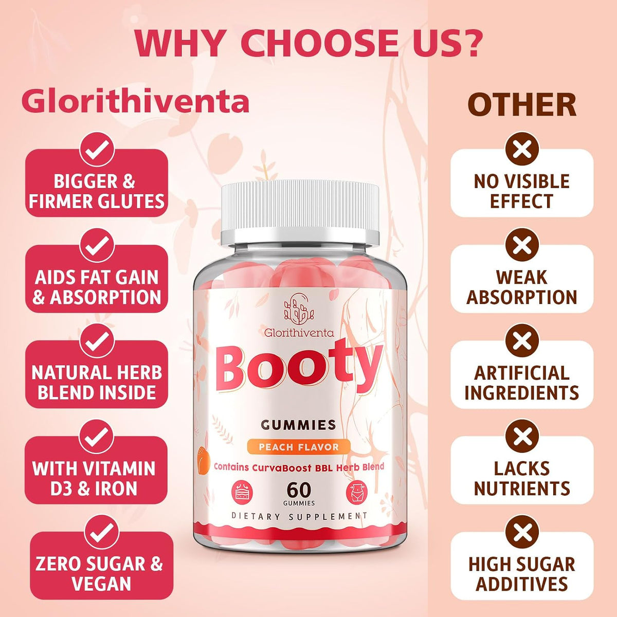 Booty Gummies for Women - BBL Gummies with Creatine Monohydrate, Milk Thistle, Vitamins D3 & Herbal Blend - Zero Sugar, Vegan, Peach Flavor, 60 Counts