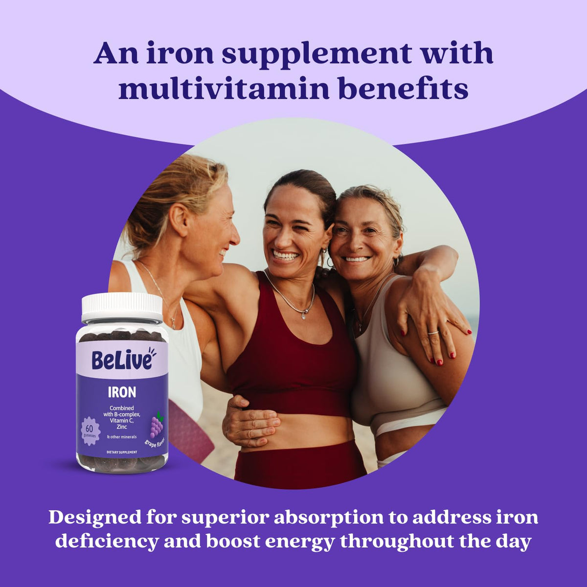 BeLive Iron Gummies - Multivitamin Supplement with Vitamin C, A, B & Zinc, Supports Blood Oxygen, Vegan Iron Supplements for Women, Men & Kids