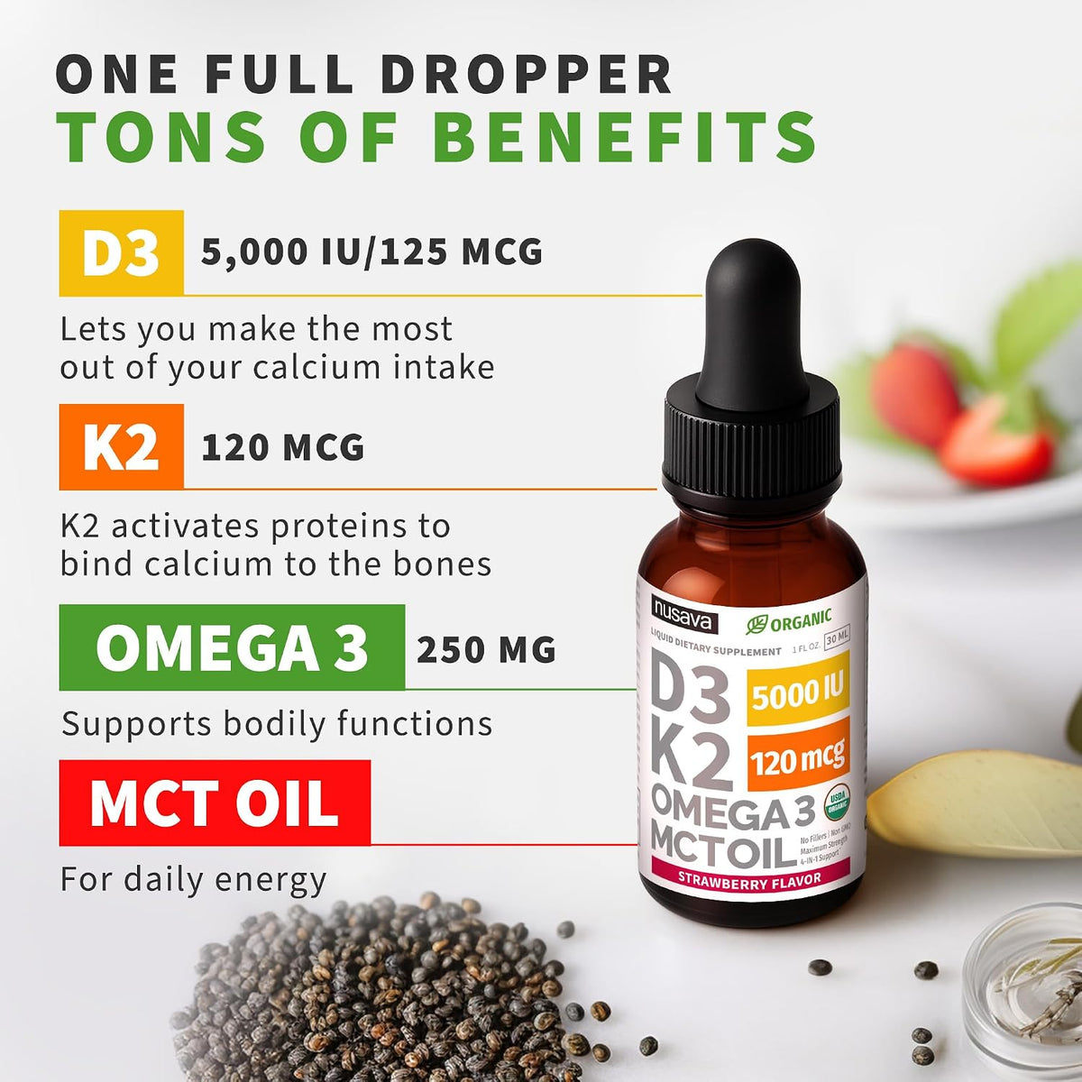 NUSAVA (2 Pack) Extra Strength Liquid Vitamin B12 Sublingual Vitamin B Complex (Raspberry) - (2-Pack) Vitamin D3 K2 Drops, B12 5000 mcg Sublingual, D3 5000 IU with MCT Oil and Omega 3 (Strawberry)