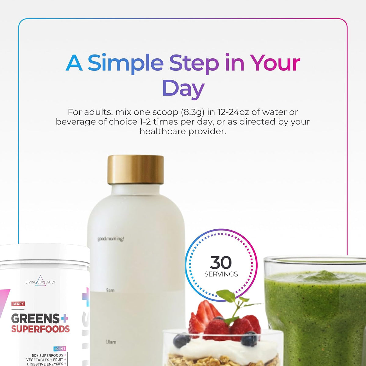 Livingood Daily Greens & Superfood Powder, Super Greens for Gut Health, Green Juice Powder with Spirulina, Chlorella, and Digestive Enzymes, Probiotics for Digestive Support, Berry, 30 Servings
