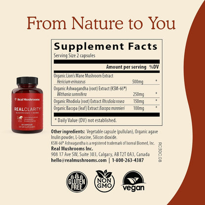Real Mushrooms RealClarity (60ct) and Lions Mane (120ct) Capsules Bundle - Mushroom Supplement for Brain Health, Mental Clarity, Focus, Cognition & Immune Support - Brain Vitamins w/Ashwagandha