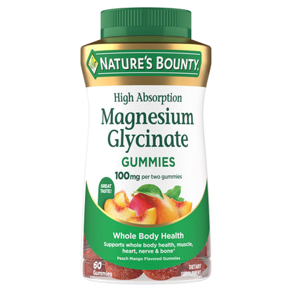Nature’s Bounty High Absorption Magnesium Glycinate Gummies, 100 mg Magnesium Per Serving, Whole Body Health, No Stick Gummy, Peach Mango Flavor