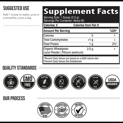 Organic Wheatgrass Juice Powder - Organic, Grown in Volcanic Soil of Utah - Raw BioActive Form, Cold-Pressed Then CO2 Dried, 20:1 Concentrate Juice Extract - Unflavored (5.3 oz – 60 Servings)