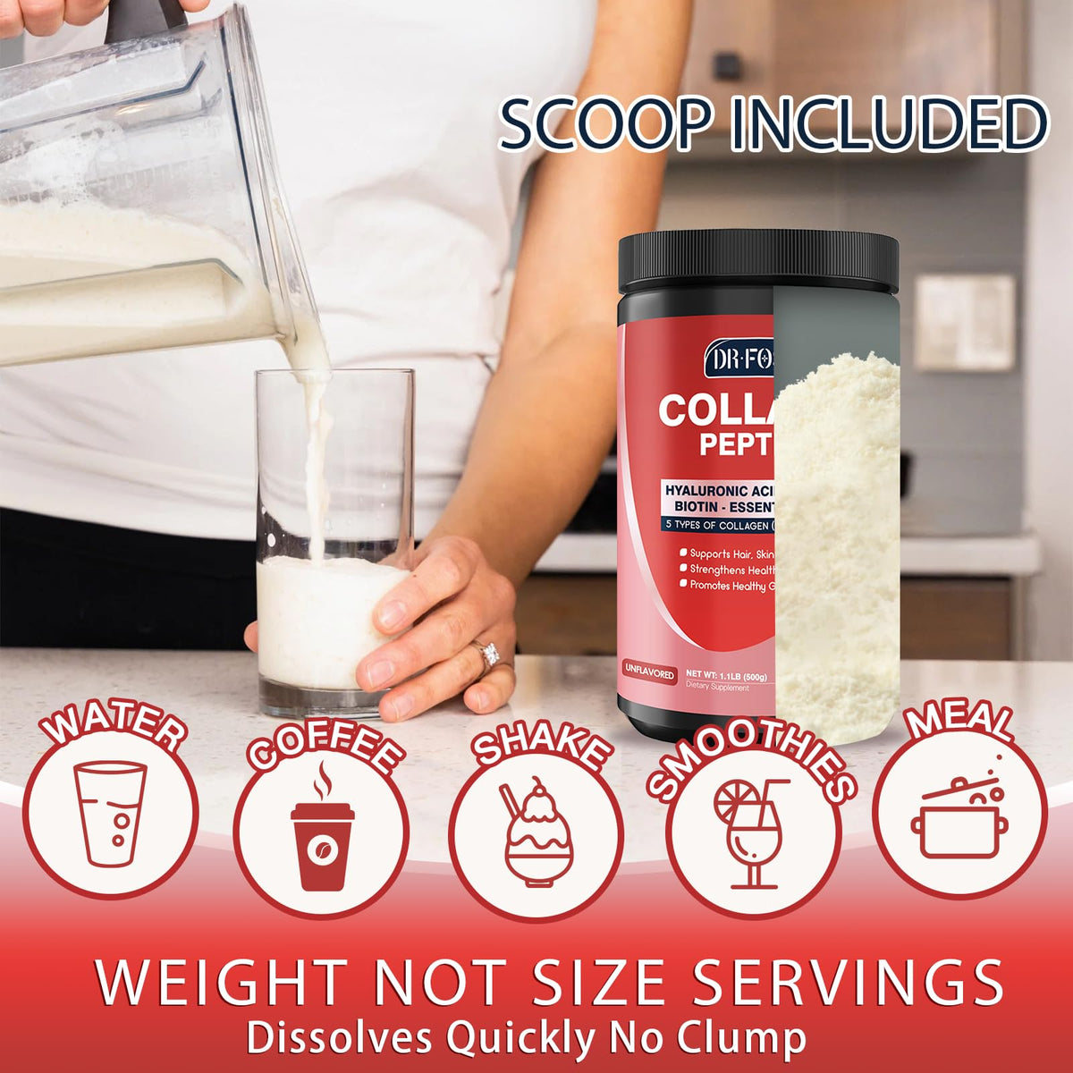 DRFOSTER Multi Collagen Peptide Powder with Probiotics, 50 Servings | Hydrolyzed Collagen Peptides with Hyaluronic Acid, Biotin & Multivitamins, Supports Skin Hair Nail & Gut