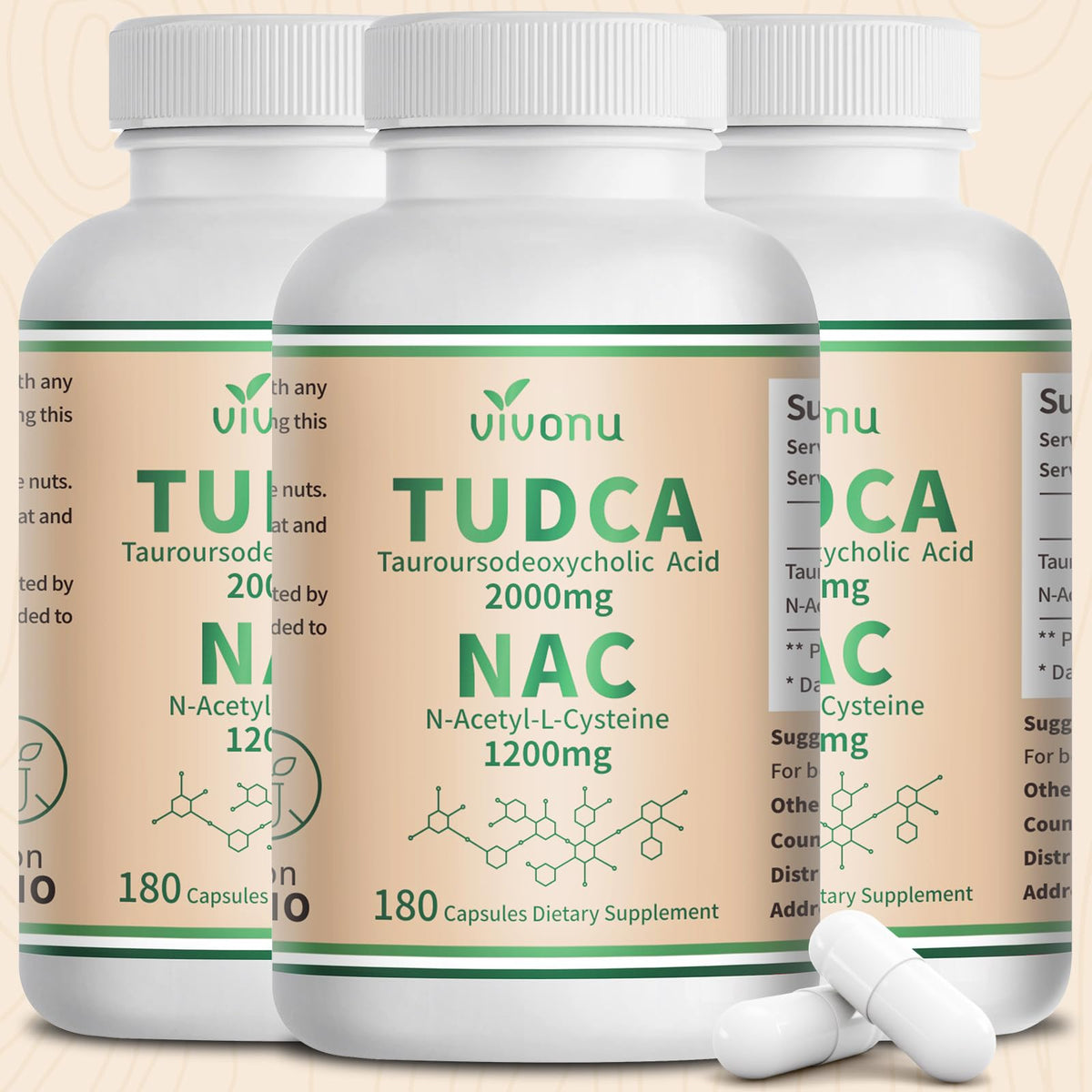 VivoNu TUDCA 625mg + NAC 375mg Supplement Complex Capsules, TUDCA Bile Salt + N Acetyl Cysteine, Antioxidant Supplements for Liver&Lung&Digestion&Gallbladder Cleanse(180 Capsules)