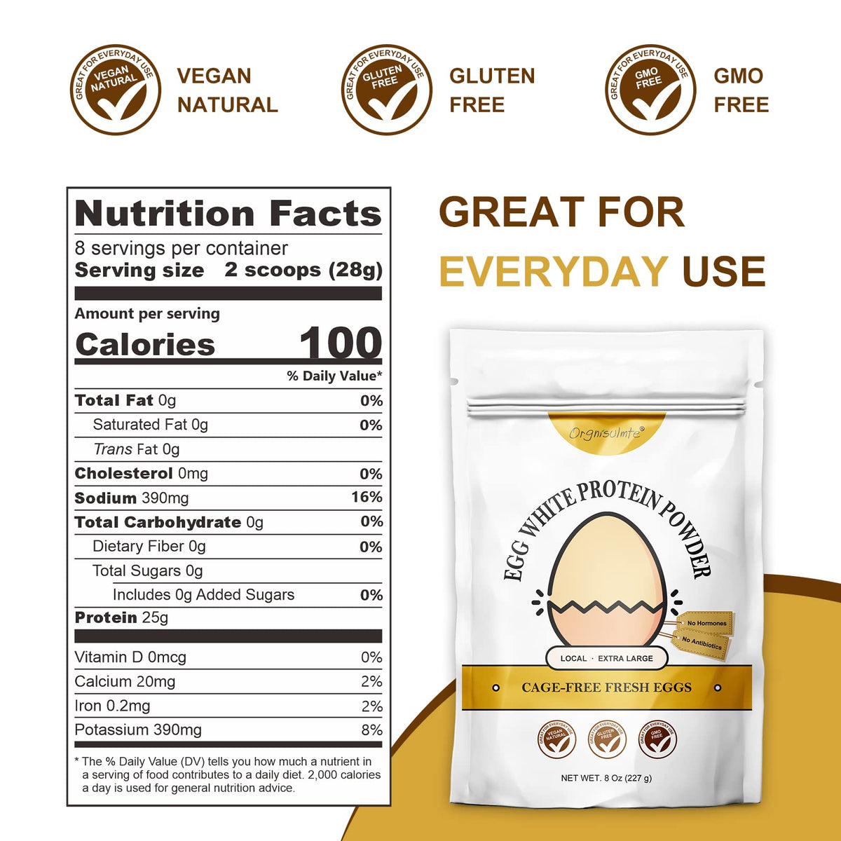 Orgnisulmte Egg White Protein Powder 8 Oz, Pasteurized Dried Egg Whites Protein, Gluten-Free, Non-GMO, Unflavored, Free Range High Whip for Baking, Desserts 227g