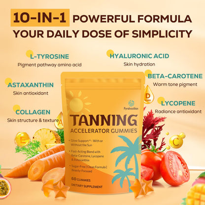 Tanning Gummies with Astaxanthin for Women and Men | Sunless Tanning Supplement with Beta Carotene, Lycopene, Collagen & Vitamins | Skin Radiance & Hydration | Vegan & Sugar Free - 60 Count
