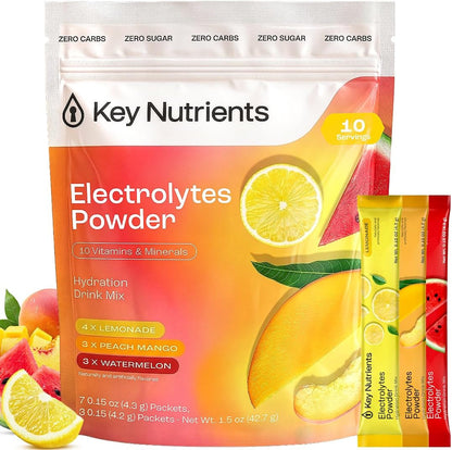 KEY NUTRIENTS Electrolytes Powder Bundle, Variety Pack 10 Count Packets + Juicy Watermelon 20 Count Packets, Sugar Free Hydration Travel Drink Mix with Vitamins & Minerals, No Calories