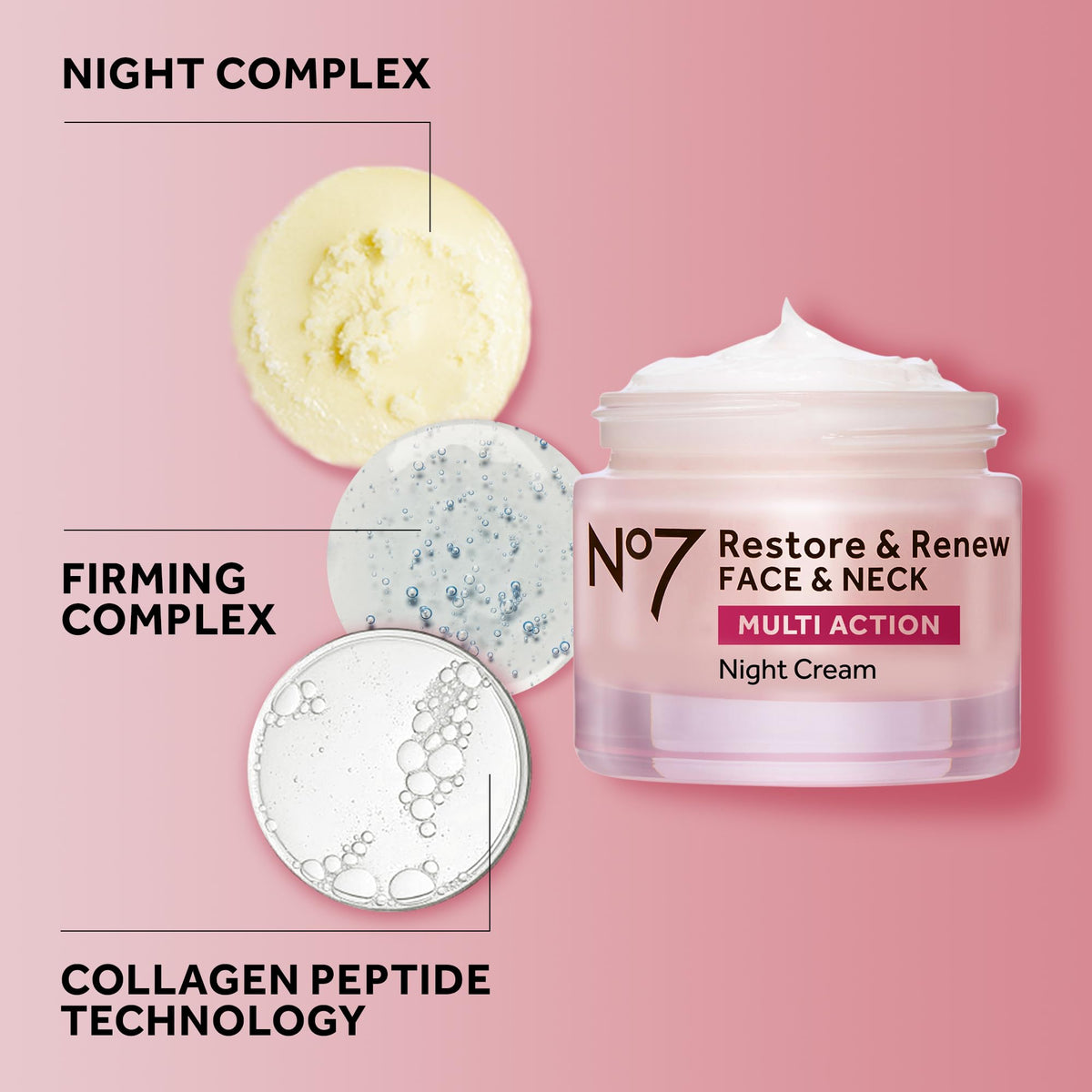 No7 Restore & Renew Multi Action Night Cream for Face & Neck - Nighttime Face Moisturizer with Collagen Peptides