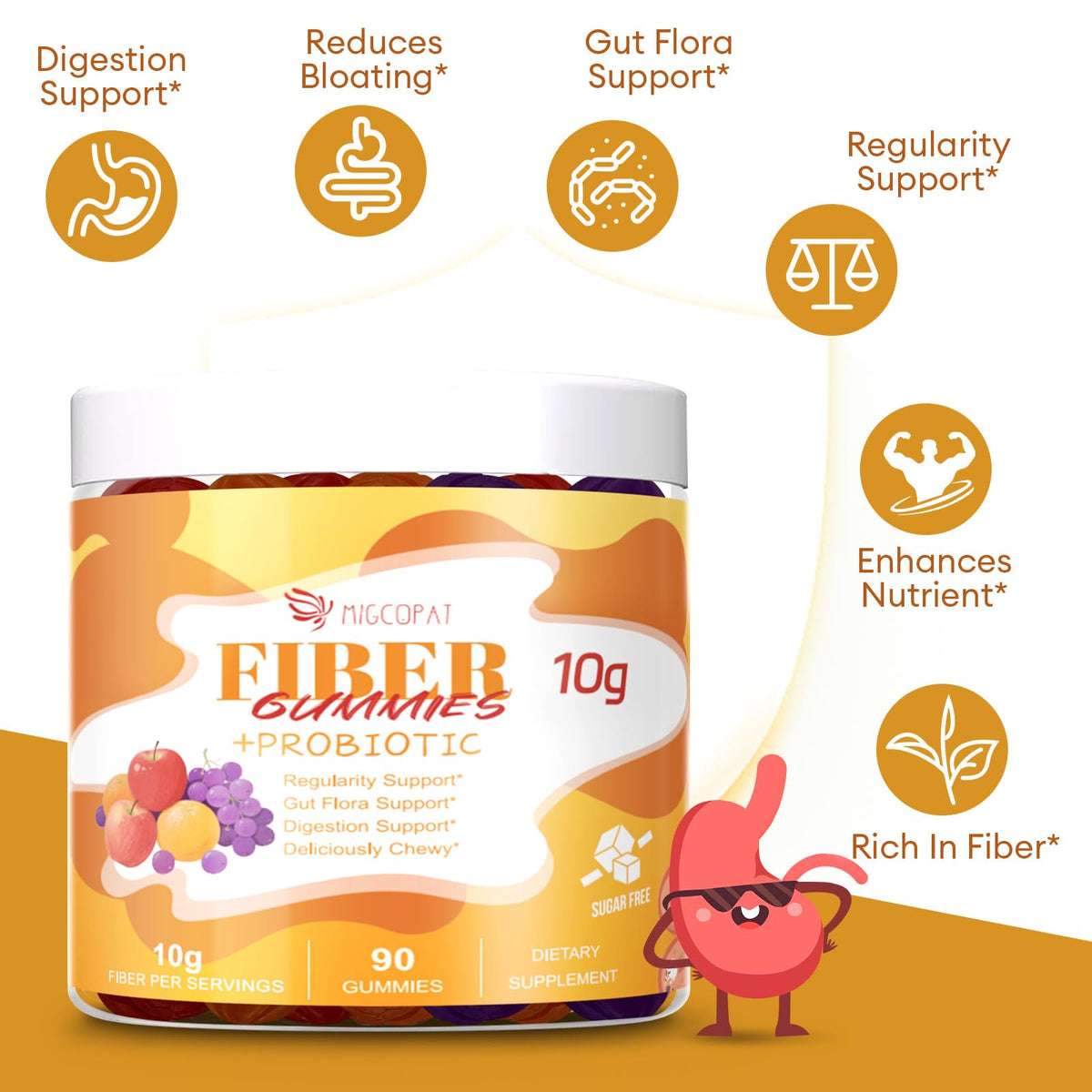 Migcopat 10G Fiber Gummies with Probiotics, Fiber Supplement with 30 Billion CFU Probiotics Blend, ACV, Vitamin C, Inulin - Support Digestive Health