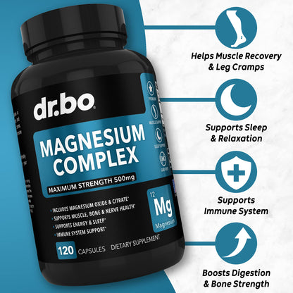 Magnesium Complex Supplement Capsules 500mg - Support Energy, Relaxation, Leg Cramps & Legs - Help Aid Muscle Support Supplements - High Absorption Premium Mag Citrate Oxide - 120 Capsules DR. BO buy supplements Au