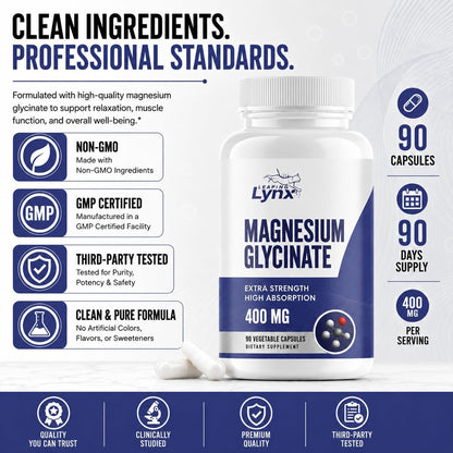 Magnesium Glycinate 400mg per Serving (60mg Elemental Magnesium) – 90 Capsules, High Absorption Chelated Magnesium Supplement for Sleep, Calm, Muscle Recovery & Nervous System Support