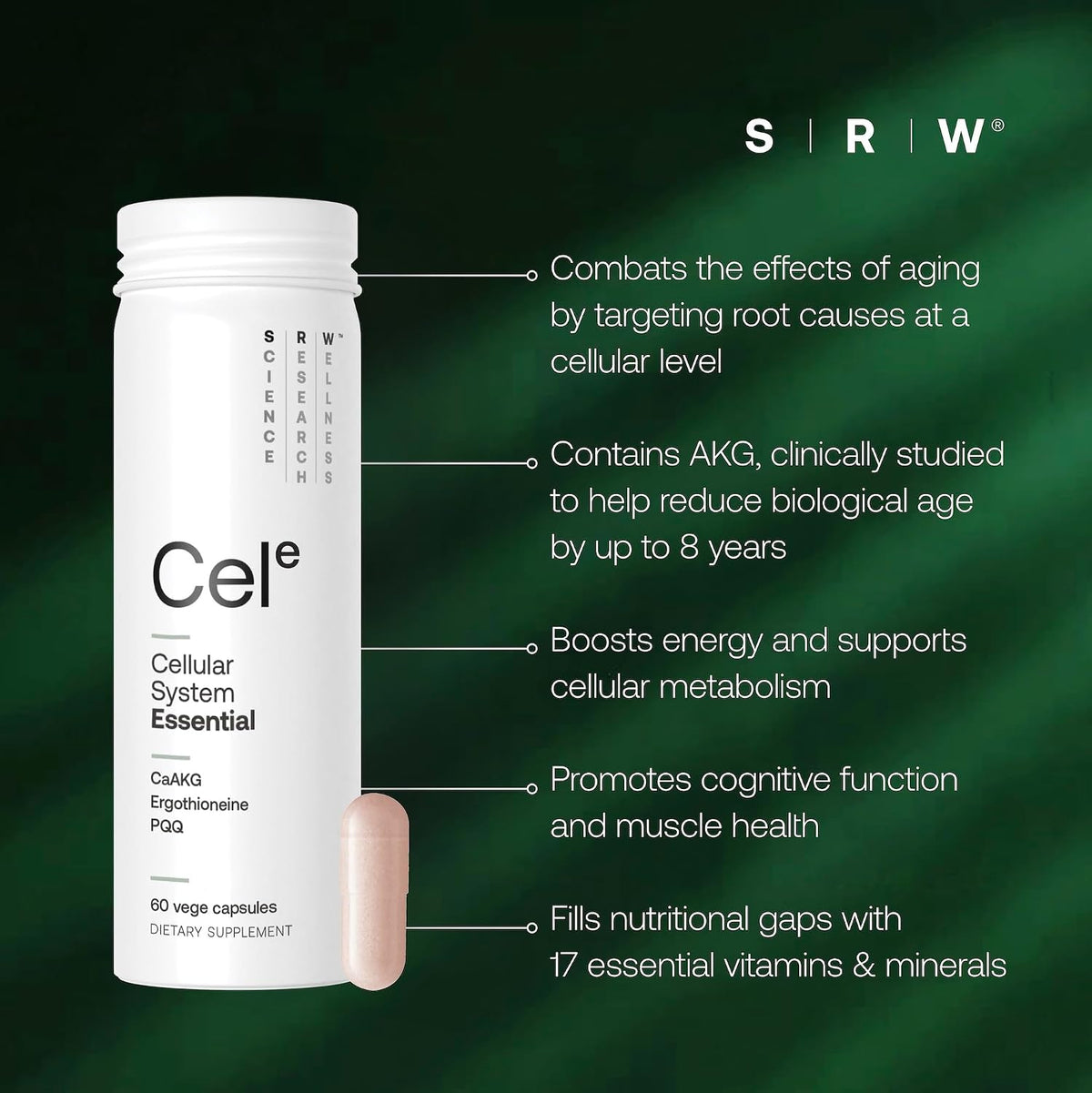 SRW Cel Essential | Wellness Supplement for Healthy Aging and Longevity | Supports Energy, Mental Performance + Muscle Health | 17 Vitamins & Minerals | Suitable for All Ages | 60 Capsules