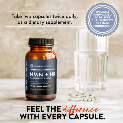Mt. Angel Vitamins NMN Supplement + NR with Resveratrol & TMG, Dual NAD+ Precursors for Cellular Energy & Healthy Aging, 60 Capsules