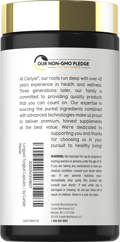 Carlyle Tongkat Ali | 180 Quick Release Capsules | Non-GMO and Gluten Free Supplement