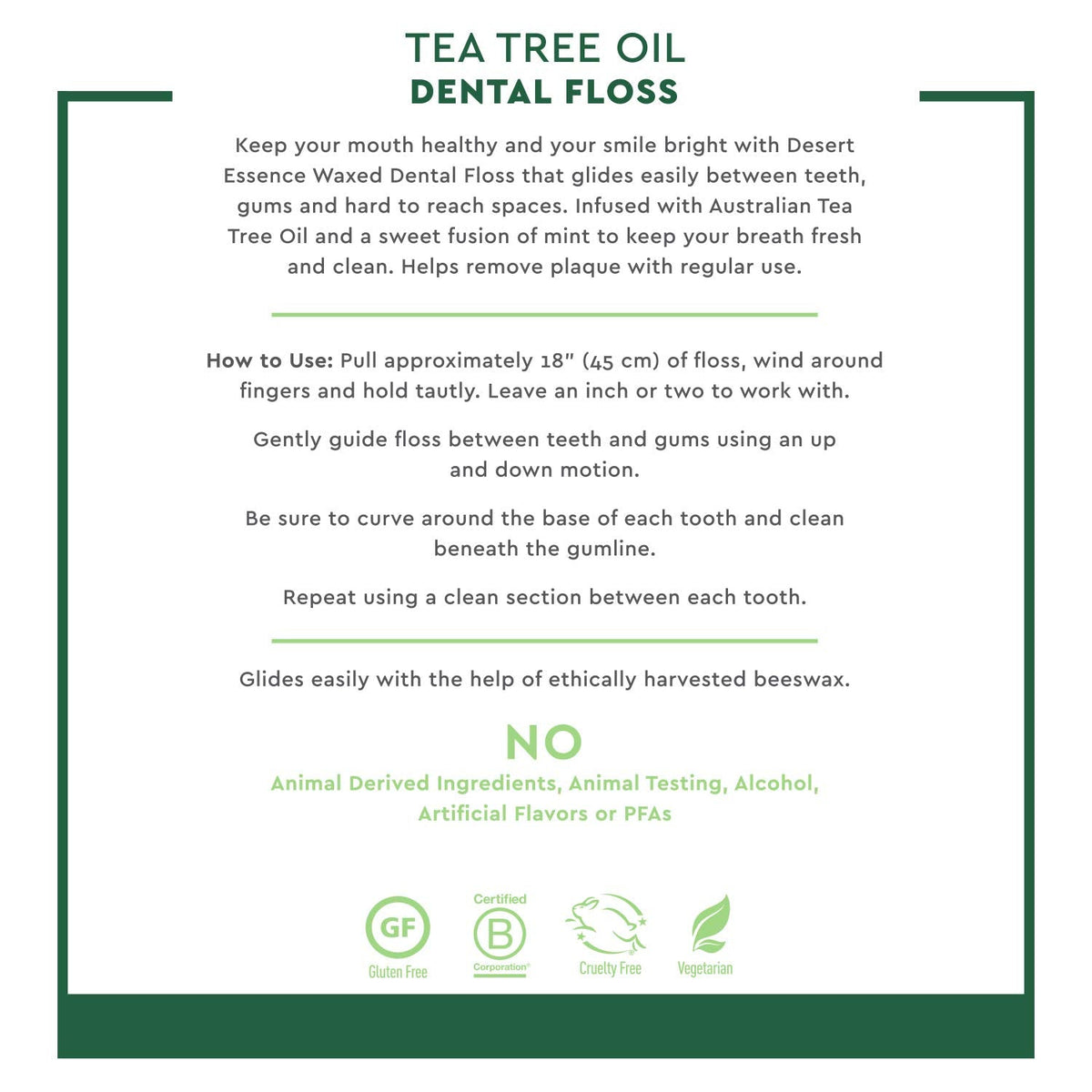 Desert Essence, Tea Tree Dental Floss 50 yd - Gluten Free - Cruelty Free - Naturally Waxed with Bees Wax - No Shred Floss - Tea Tree Oil - Removes Plaque and Build Up, pack of 6