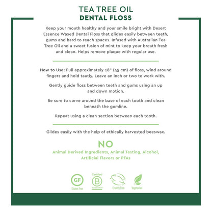 Desert Essence, Tea Tree Dental Floss 50 yd - Gluten Free - Cruelty Free - Naturally Waxed with Bees Wax - No Shred Floss - Tea Tree Oil - Removes Plaque and Build Up, pack of 6
