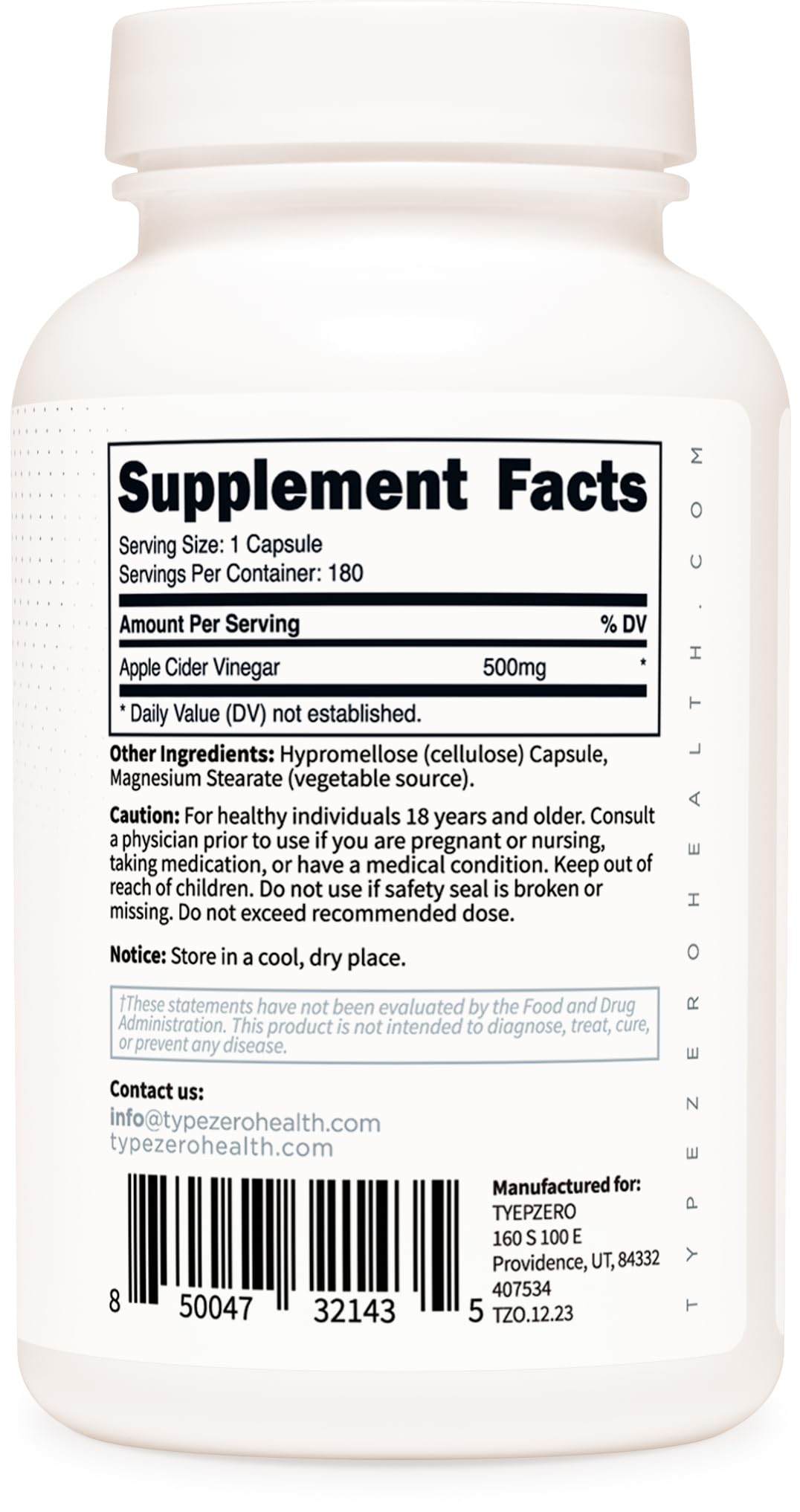 Type Zero Apple Cider Vinegar Capsules (500mg) 180 Capsules, Gluten-Free | GMO-Free Supplement