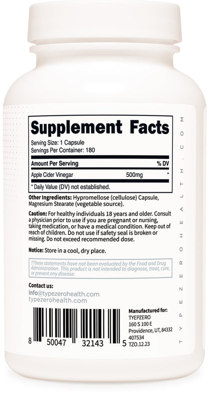 Type Zero Apple Cider Vinegar Capsules (500mg) 180 Capsules, Gluten-Free | GMO-Free Supplement