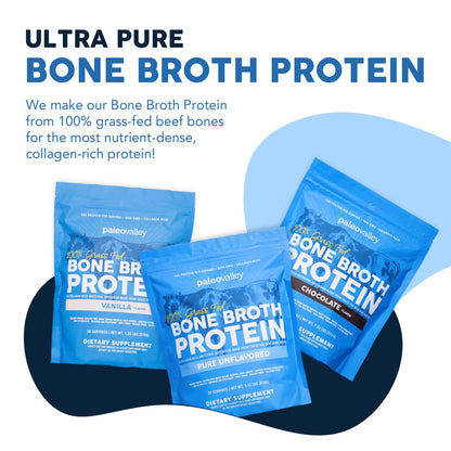 Paleovalley 100% Grass Fed Beef Bone Broth Protein Powder - Rich in Collagen Peptides for Hair, Skin, Gut Health, Bone and Joint Support