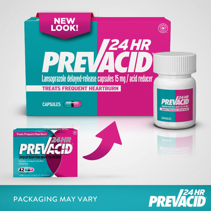 Prevacid 24HR Lansoprazole Capsules, 15 mg Acid Reducer, Delayed-Release PPI for Frequent Heartburn Relief, 42 Count