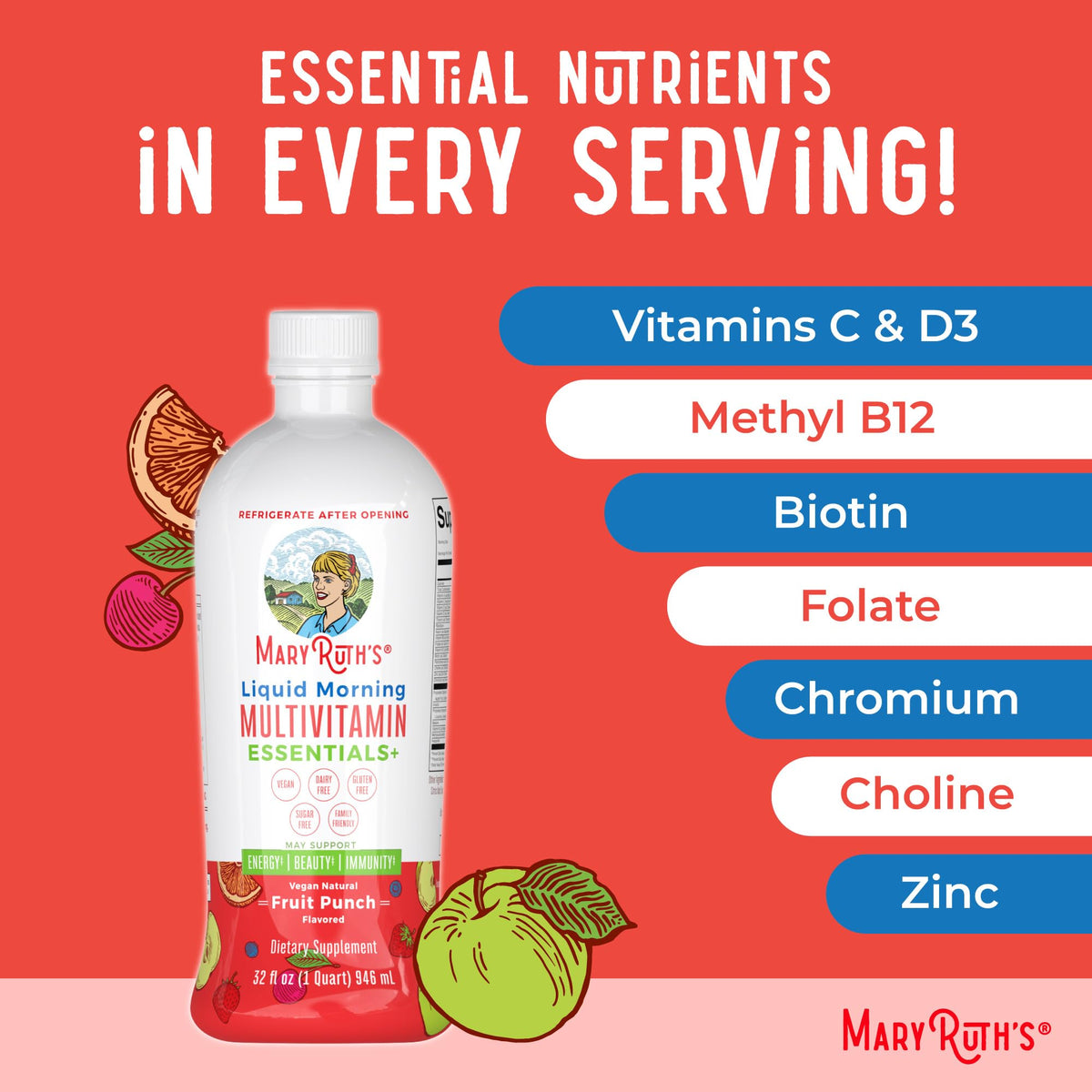 MaryRuth's Liquid Morning Multivitamin Essentials+ | Vitamin A C D E B6 B12 Biotin Zinc | Mens Womens Multivitamin | Immune Support | Beauty | Sugar Free | Vitamins for Ages 1+ | Vegan | 32 Fl Oz