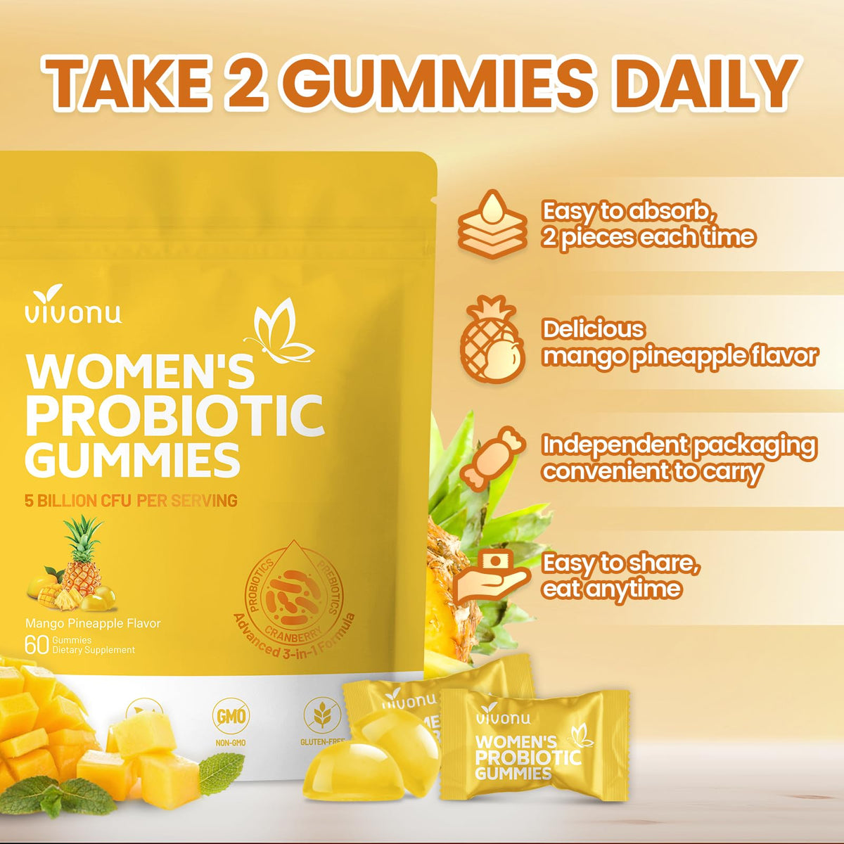 VivoNu Pineapple Gummies for Women Ph, Women Probiotic Gummies, Feminine Balance Gummy, Mango Pineapple Viginal Probiotics for Woman Vaginigal Health, Yeast Ph Balance
