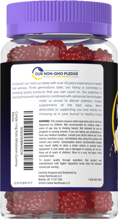 Carlyle Kids Melatonin Gummies | 1 mg 70 Count | Fruit Flavor Gummy | Vegan, Non-GMO, Gluten Free
