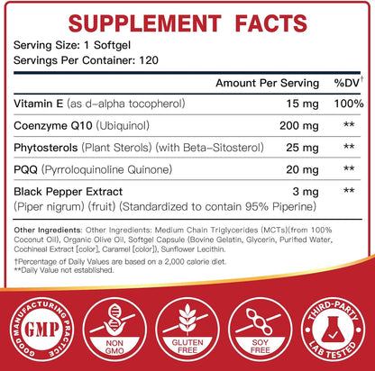 DRFOSTER Ubiquinol CoQ10 200mg, with PQQ & Vitamin E, 120 Servings | Active Ubiquinol, Coq10 200mg, Black Pepper for Max Absorption, Allergen-Free, Powerful Antioxidant, Brain & Energy Support