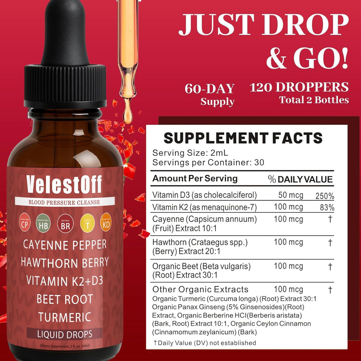 Velestoff Cayenne Pepper | Cayenne Heart & Circulation Blend – Botanical Extracts with Hawthorn, Beet Root, Turmeric, Vitamin K2 & D3 – Daily Wellness Drops (2 fl oz) (1) DFTLUUE buy supplements Au