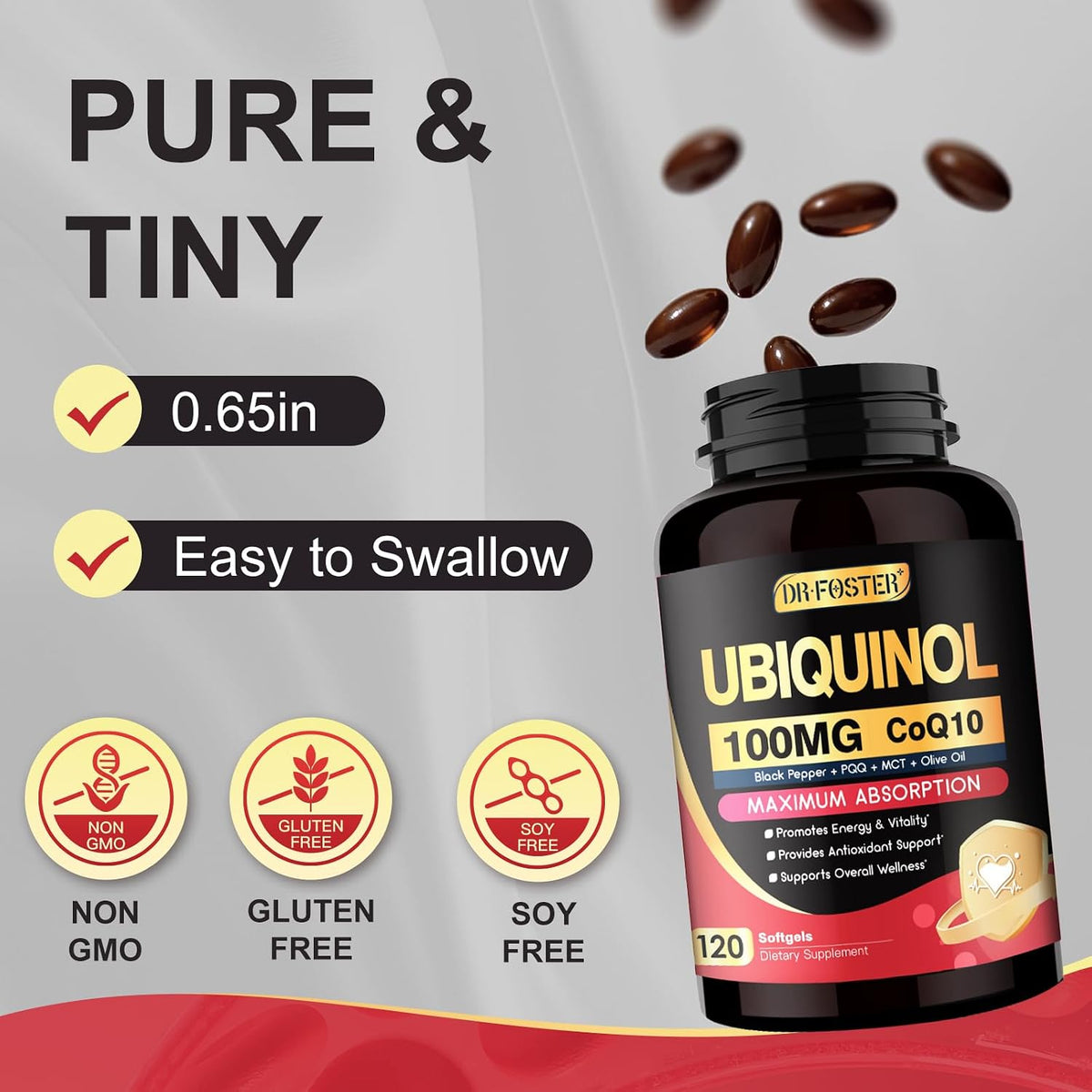 DRFOSTER CoQ10 Ubiquinol 100mg Supplement, Coenzyme Q10 120 Softgels | Maximum Absorption CoQ10, PQQ & MCT, Heart Support, Promotes Energy & Vitality, Antioxidant Support, Non-GMO, Gluten-Free