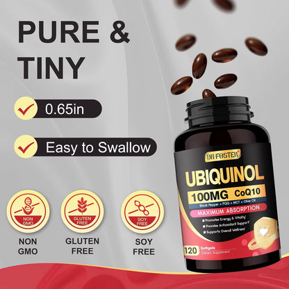 DRFOSTER CoQ10 Ubiquinol 100mg Supplement, Coenzyme Q10 120 Softgels | Maximum Absorption CoQ10, PQQ & MCT, Heart Support, Promotes Energy & Vitality, Antioxidant Support, Non-GMO, Gluten-Free