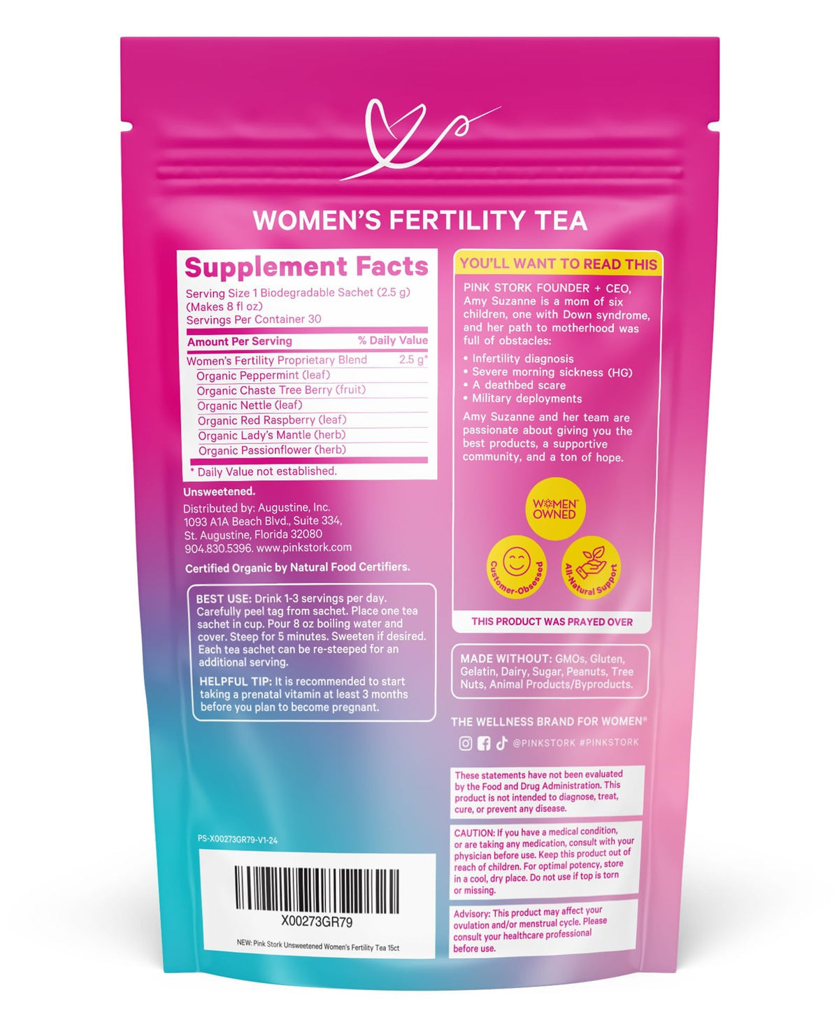 Pink Stork Organic Fertility Tea for Women, Sweet Mint, 15 Sachets | USDA Organic Herbs, Chaste Tree Berry (Vitex), Red Raspberry Leaf, Hormone Balance Support, Caffeine Free, 30 servings