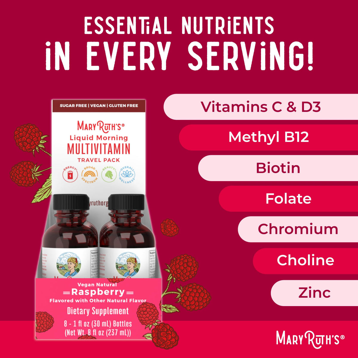 MARYRUTH'S Liquid Morning Multivitamin for Women, Men & Kids | Vitamin A C D E B6 B12 Biotin Zinc | Beauty | Vegan | Non-GMO | Gluten Free | 32 Servings
