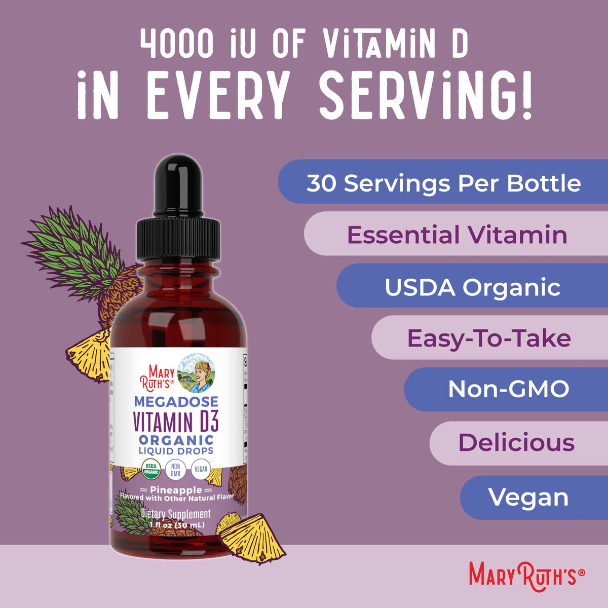 MARYRUTH'S Vitamin D3 Liquid Drops | Megadose 4000 IU | USDA Organic Liquid Vitamin D Spray for Adults & Kids | Immune Support & Bone Health | Vegan | Gluten Free | Non-GMO | 30 Servings