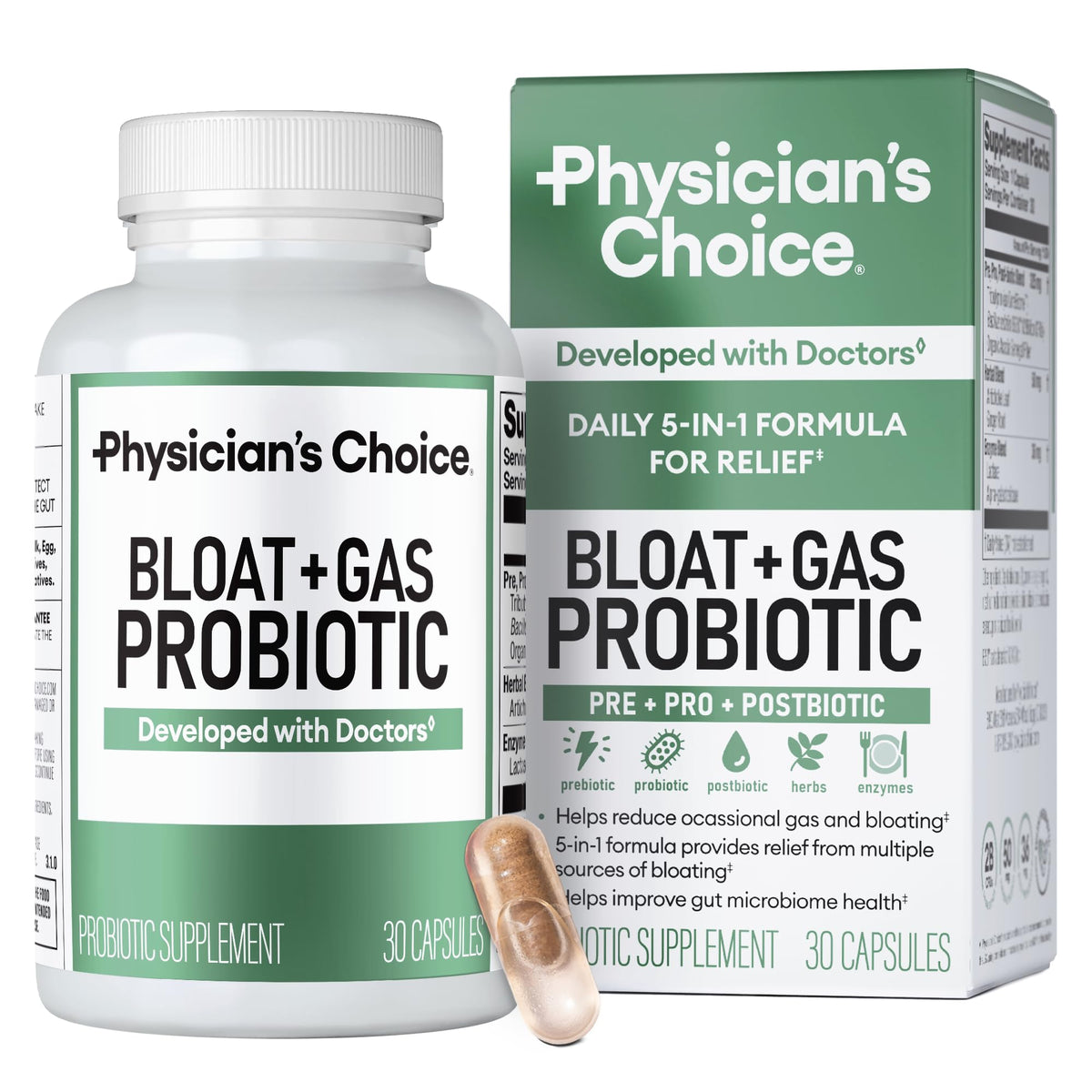 Physician's CHOICE Bloat & Gas Probiotic 5-in-1 Proactive Support + Daily Relief - Digestion & Gut Health- Herbals, Digestive Enzymes, Post & Prebiotics