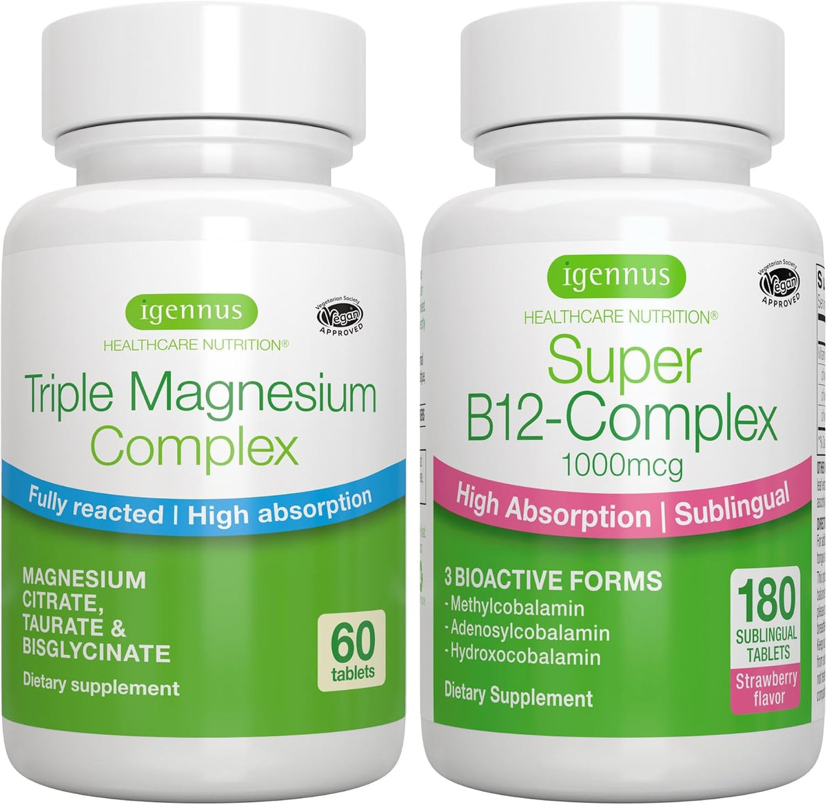Triple Magnesium Complex + Super B12-Complex Energy Bundle, High Absorption Chelated Glycinate, Taurate & Citrate Magnesium + High Absorption Sublingual B12, Vegan, by Igennus
