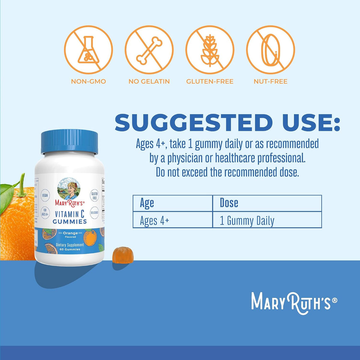 MaryRuth Organics Vegan Vitamin C Gummies | 2 Month Supply | Immune Support Supplement for Adults & Kids | Chewable Vitamin C Gummy Vitamins | Non-GMO | Pectin Based | 60 Count