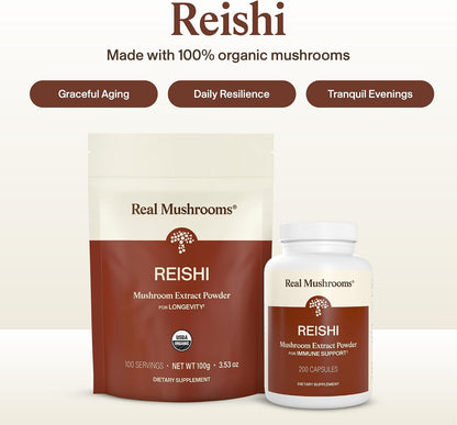 Real Mushrooms Reishi Mushroom Capsules - Handpicked Organic Mushroom Extracts - Red Reishi for Tranquil Daily Wellness with Verified Beta Glucans Vegan, Non-GMO, No Grain Fillers, 200 ct