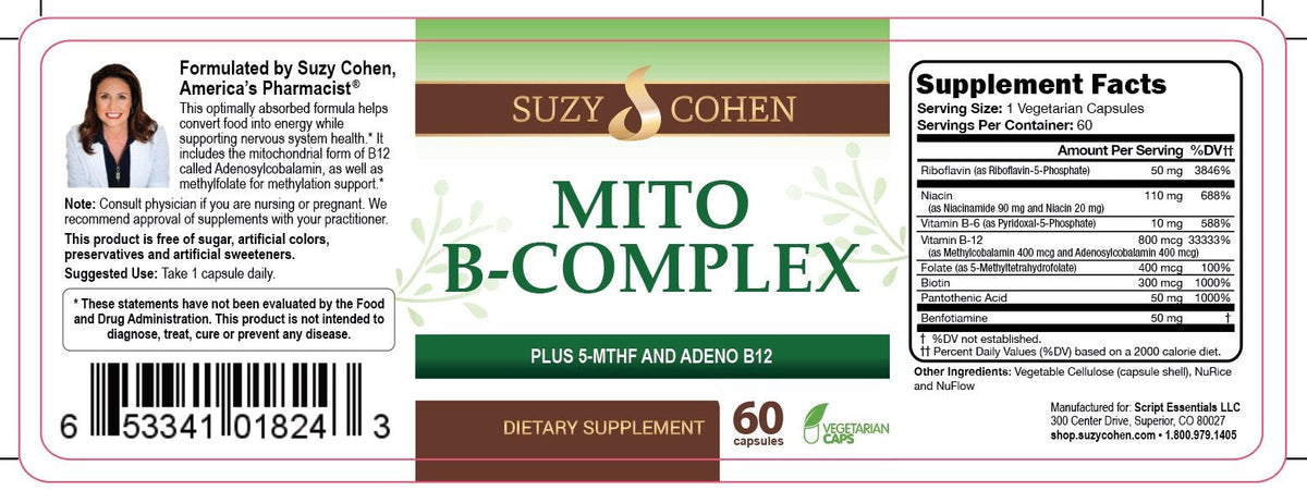 Script Essentials Suzy Cohen, Mito B Complex Dietary Supplement, 5-MTHF, Adeno B12, Methylation Support, Supports Healthy Nervous System