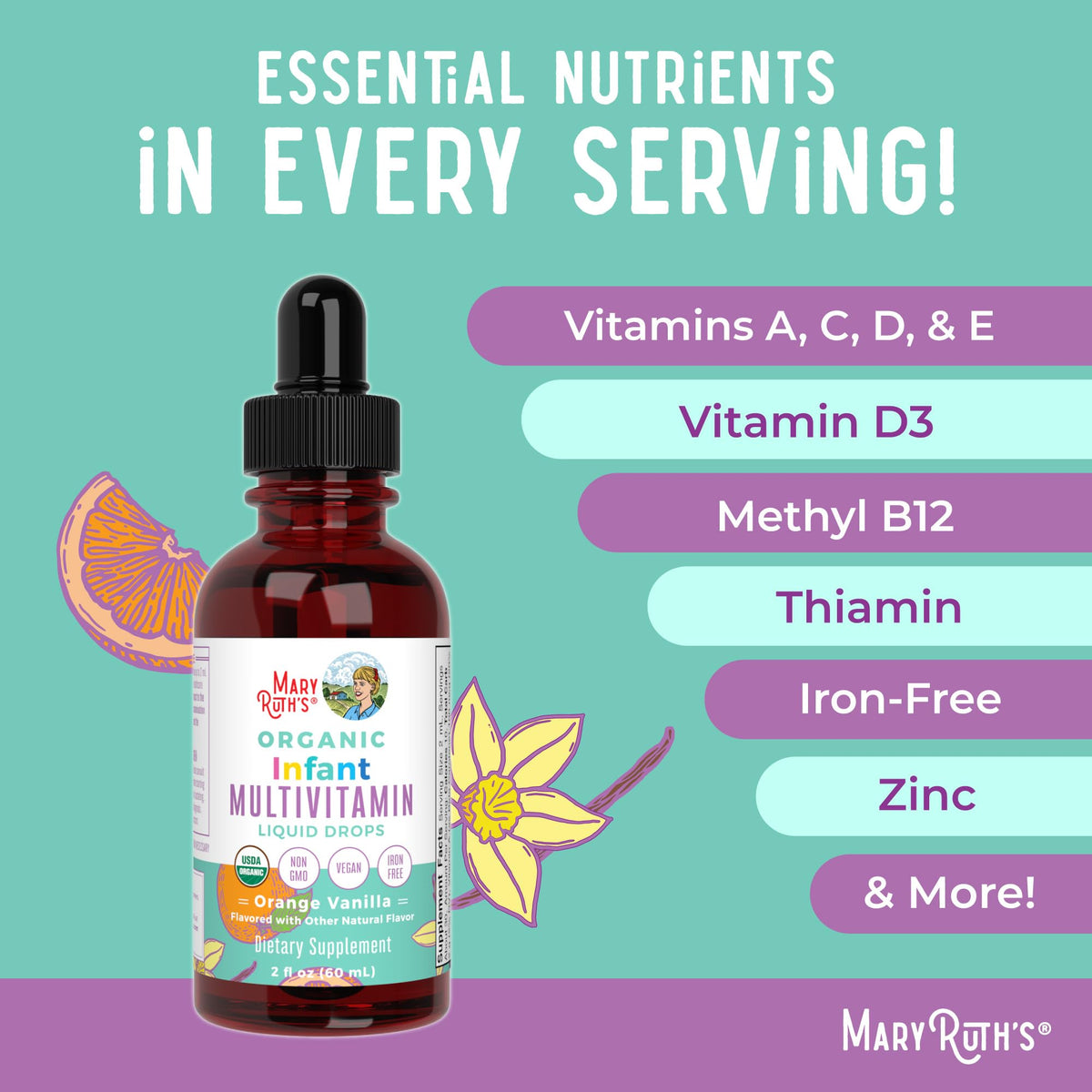 MARYRUTH'S Organics Multivitamin & Multimineral with Iron for Toddlers | USDA Organic | Sugar Free | Multivitamin Liquid Drops for Kids Ages 1-3 | Immune Support | Vegan | Non-GMO | 2 Fl Oz