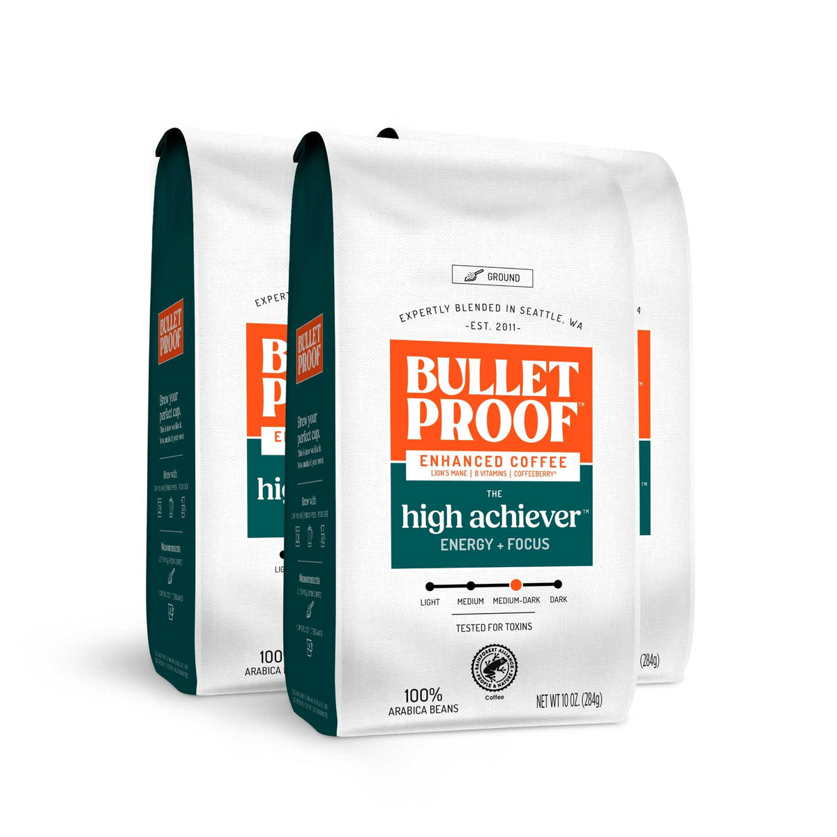Bulletproof High Achiever Mushroom Coffee Grounds with Lion's Mane, B Vitamins & Adaptogens, Energy and Focus, Medium-Dark Roast, 10 oz