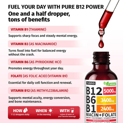 NUSAVA (2-Pack) Methylated B Complex Liquid Drops Raspberry and (2-Pack) Liquid Vitamin B12 Drops - High Potency Methylfolate and Sublingual B12 for Daily Energy and Balance Support