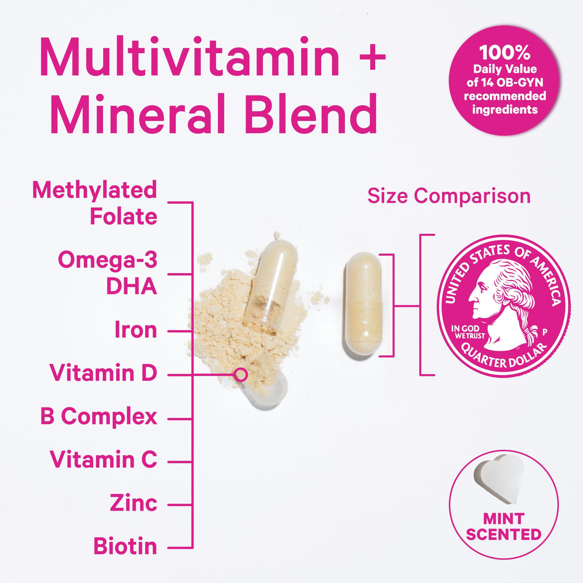 Pink Stork Total Prenatal Vitamins for Women, Clean Label, 60 Count, Mint | Vegan DHA, Methylfolate, Iron, Choline, Vitamin B12 - Preconception Nutrition - No Fishy Burps - Pregnancy Essentials