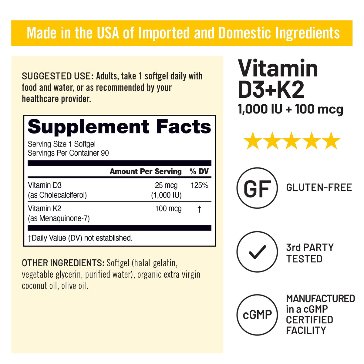 NatureWise Vitamin D3 1000IU + K2 (MK7) 100mcg with Organic Extra Virgin Coconut Oil - Supports Calcium Absorption, Bone & Immune Health - Non-GMO