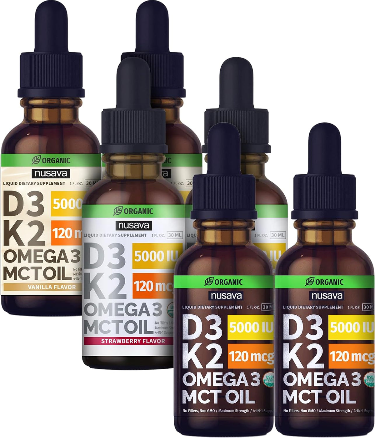 NUSAVA Unflavored, Strawberry Flavored, & Vanilla Flavored D3 K2 Liquid Drops Bundle - Potent Liquid Vitamins for Heart, Joint, Bone, Muscle, & Immune Support - Non-GMO, Gluten-Free, 2pk Each