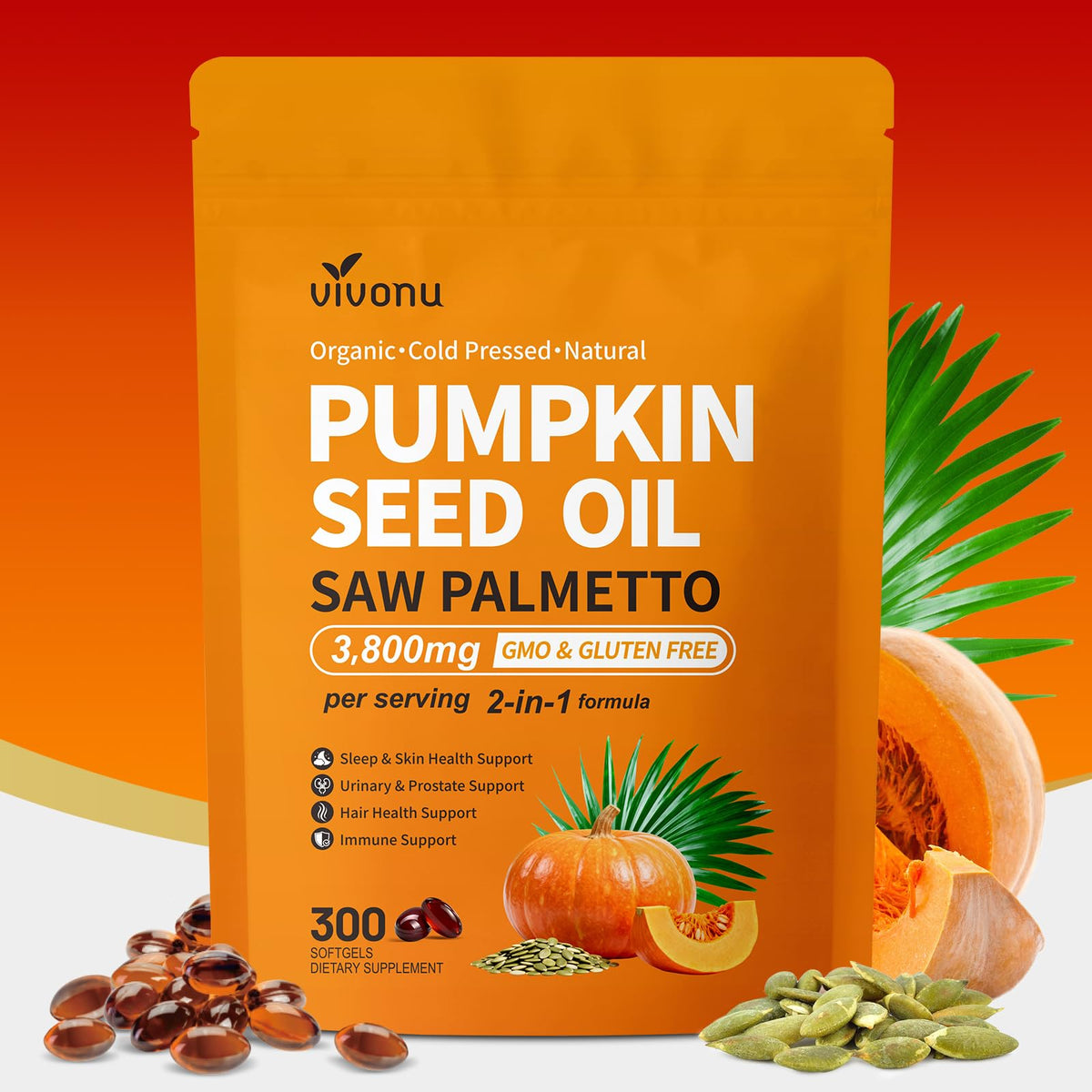 VivoNu Pumpkin Seed Oil with Saw Palmetto Capsules,3800mg 300 Softgels | Cold Pressed,Pure Virgin Oil,Essential Fatty Acids&Phytosterols | Supports Hair,Urinary,Bladder&Prostate Health|Non-GMO