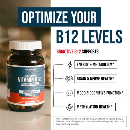 BioActive Vitamin B12 - 5000 mcg, Contains 3 BioActive Forms Methylfolate Cofactor - Methyl B12, Adenosyl B12 & Hydroxy B12 | Supports Energy, Metabolism & Mood | Vegan, Non-GMO (60 Servings)
